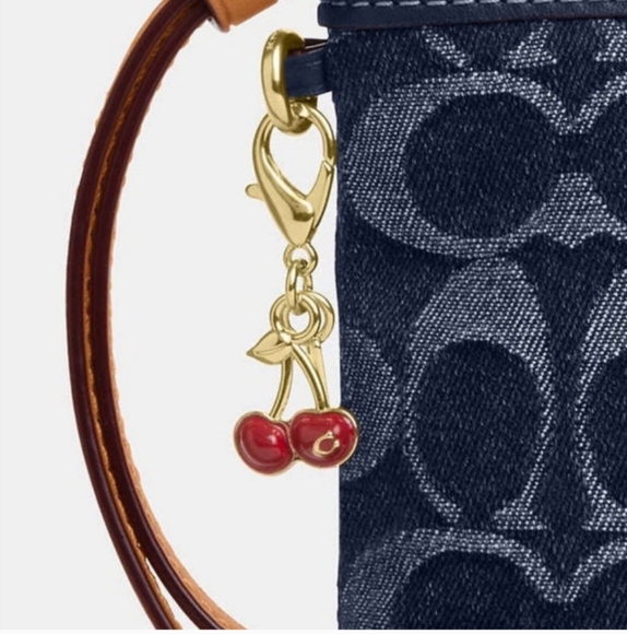 Coach Denim Corner Zip Wristlet With Cherry Charm - Picture 6 of 16